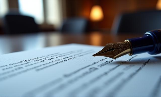 Close up of legal documents and a fountain pen on a mahogany desk