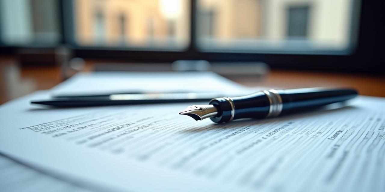 Close-up of a high-quality fountain pen resting on a meticulously drafted legal document in a professional London office setting